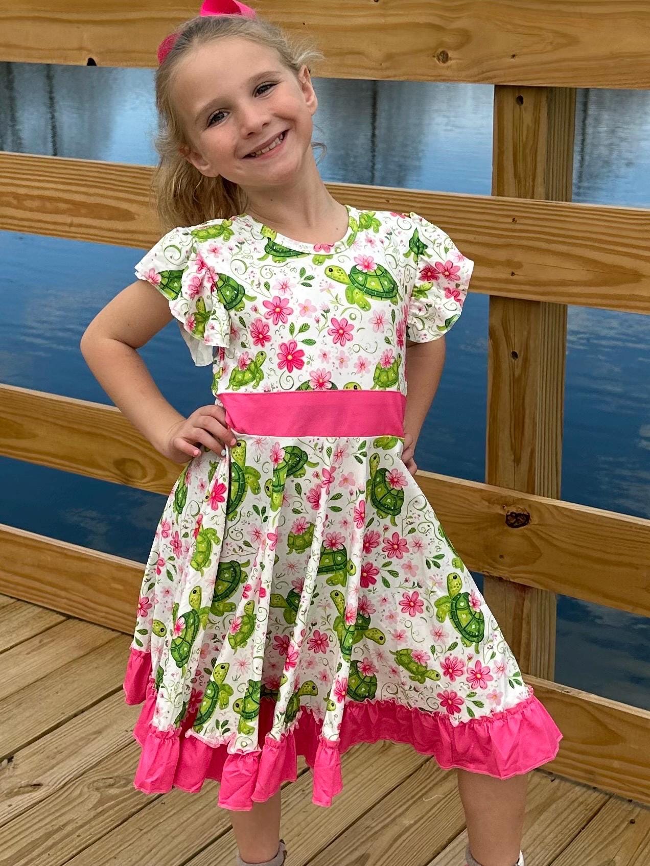 Floral Turtles Bow Back Twirl Dress