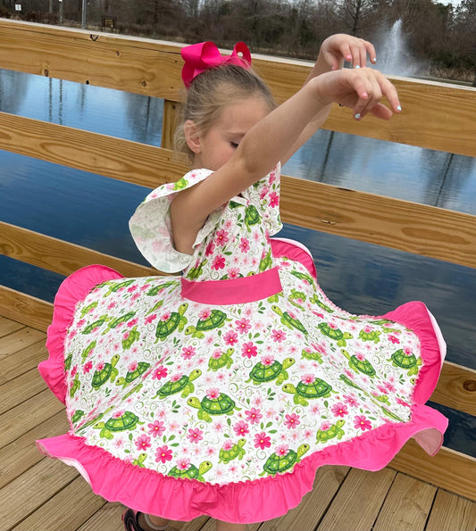 Floral Turtles Bow Back Twirl Dress
