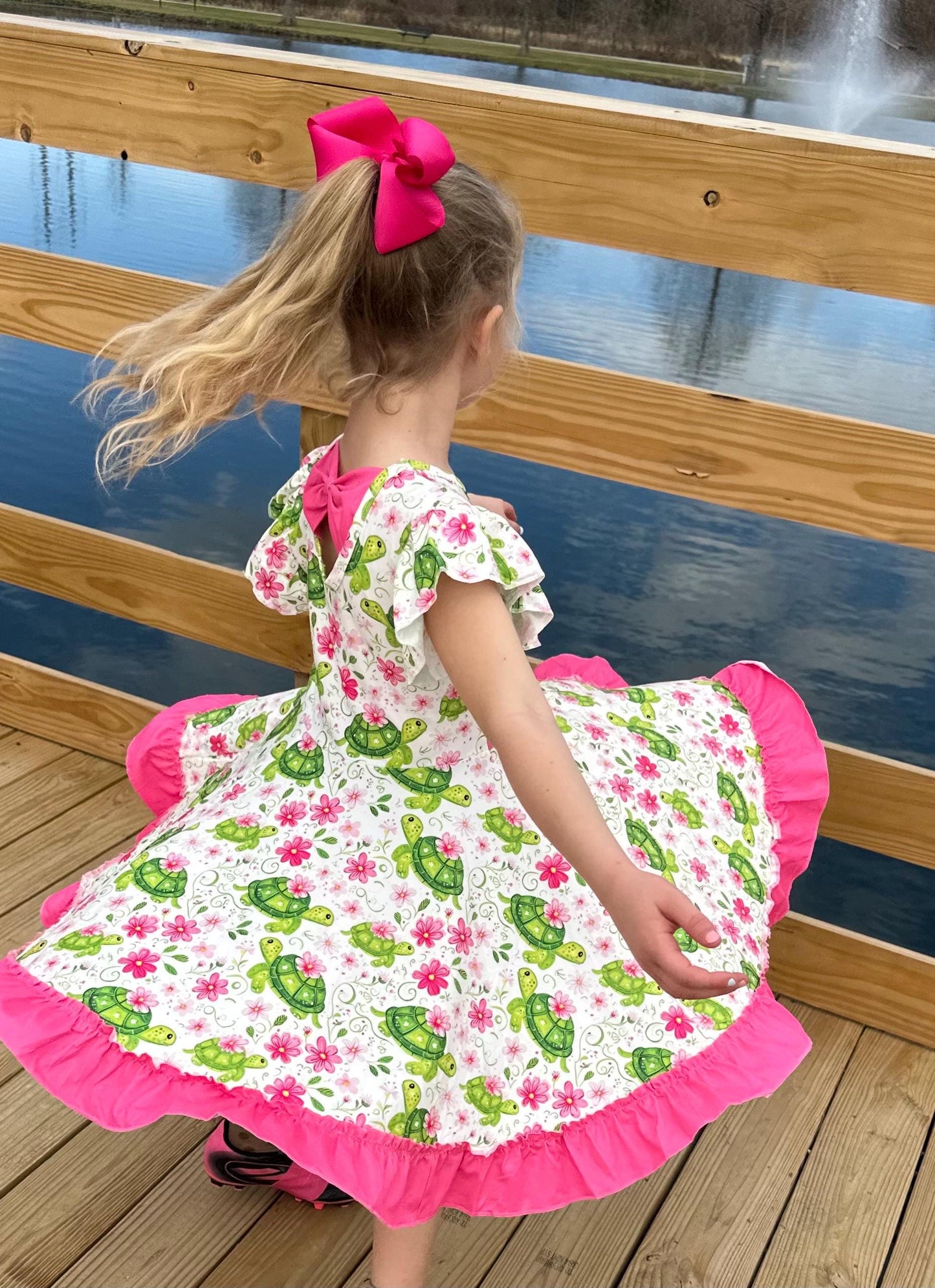 Floral Turtles Bow Back Twirl Dress