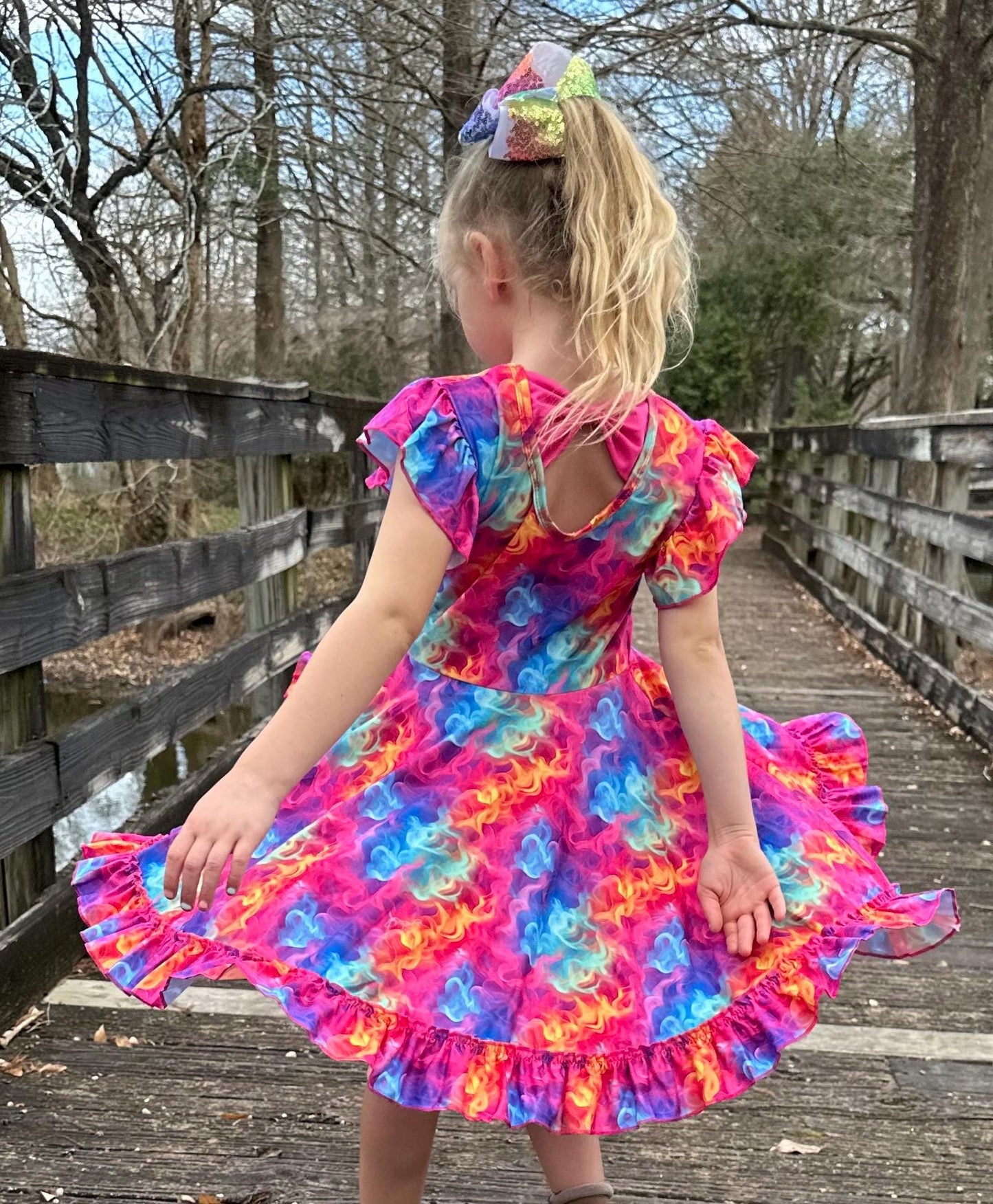 Electric Rainbow Bow Back Twirl Dress