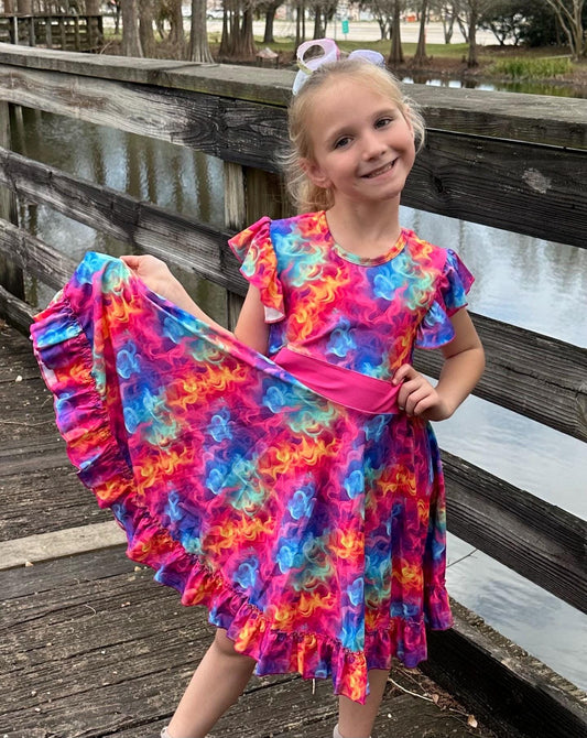 Electric Rainbow Bow Back Twirl Dress