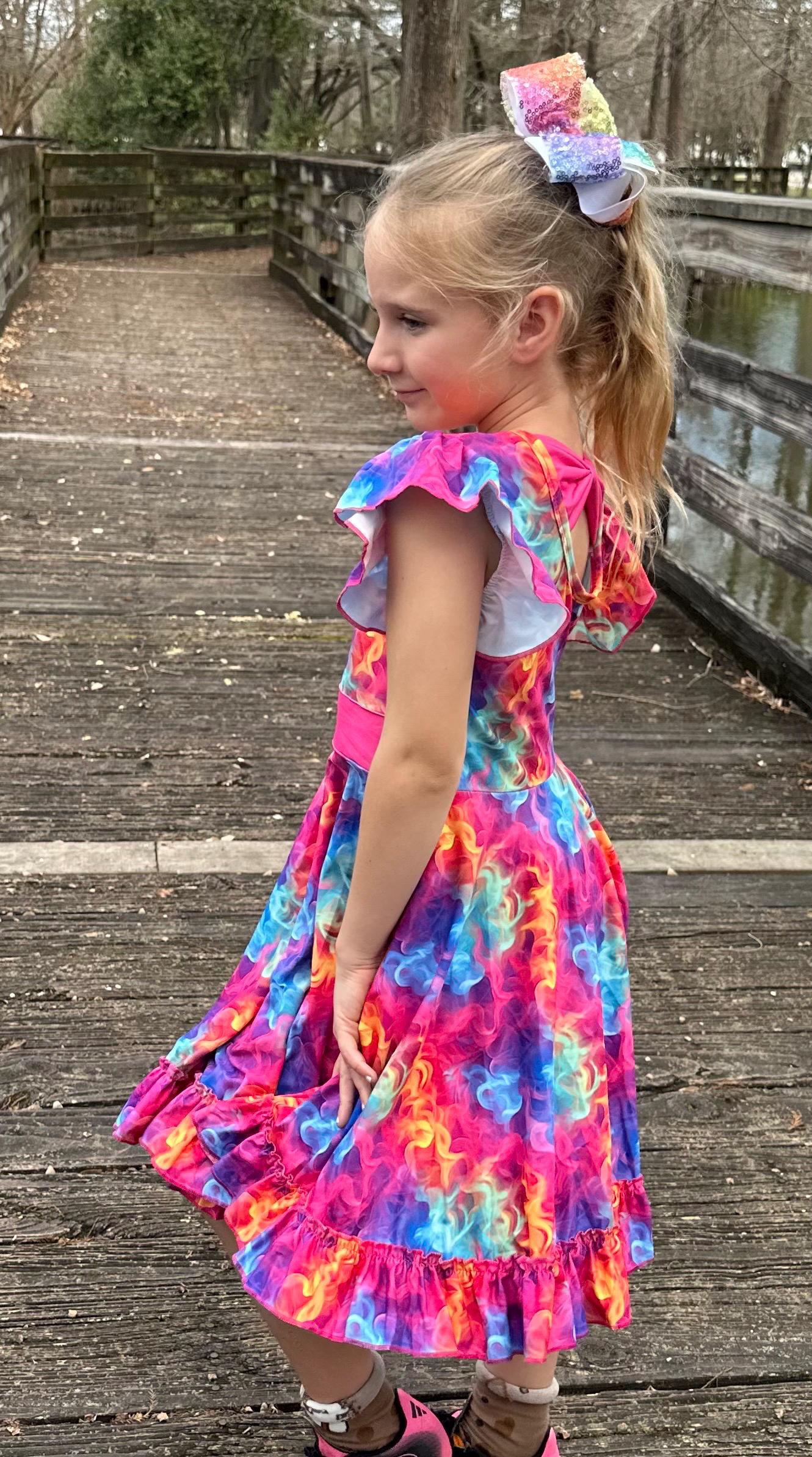 Electric Rainbow Bow Back Twirl Dress