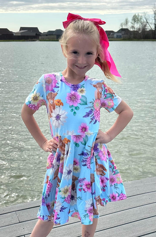 Highland Cows and Flowers Twirl dress