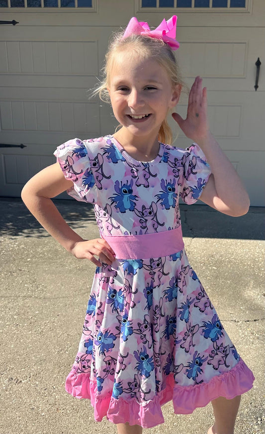 Blue Alien and Girlfriend Pink Bow Back Twirl Dress with shorts