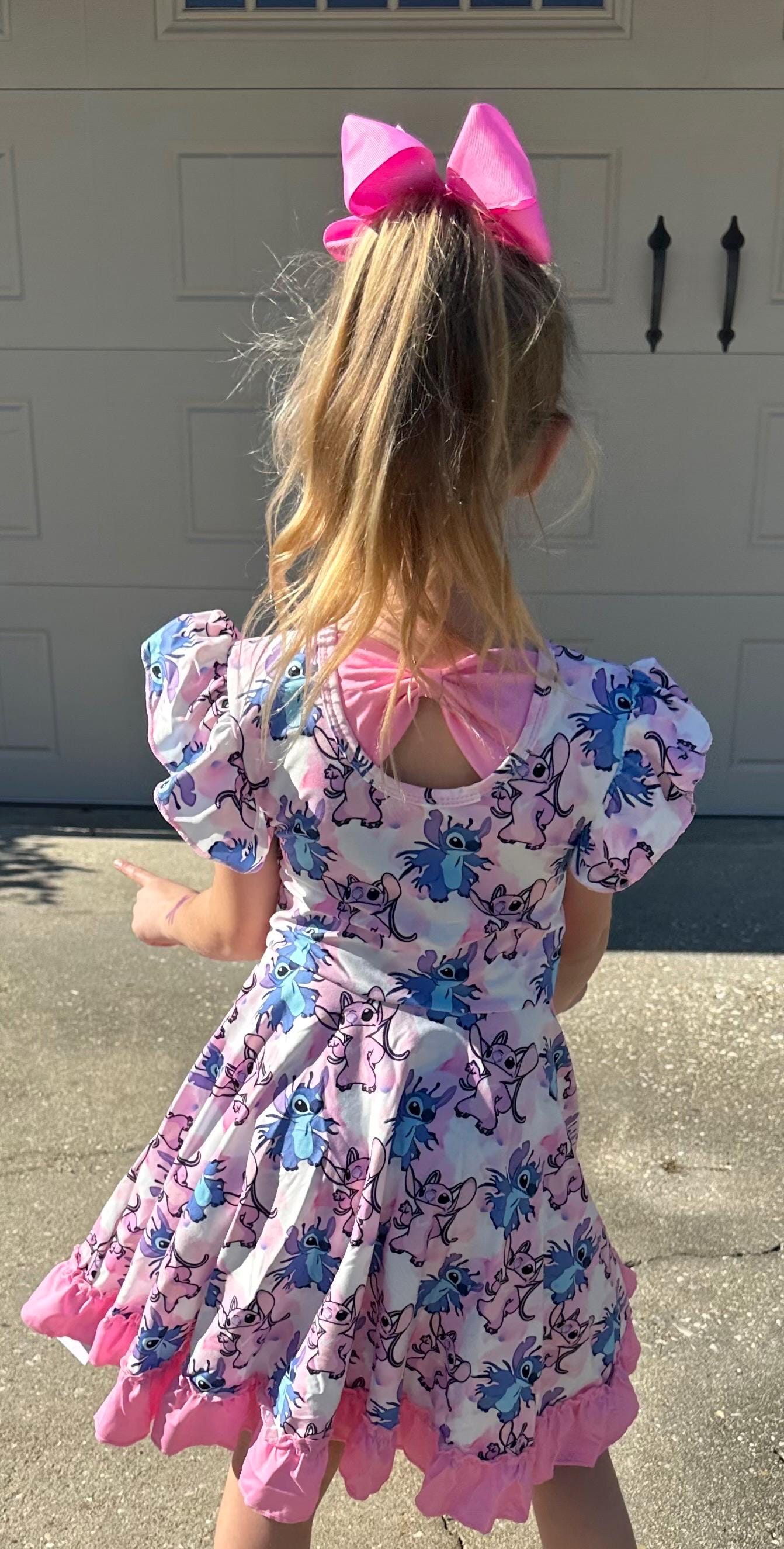 Blue Alien and Girlfriend Pink Bow Back Twirl Dress with shorts