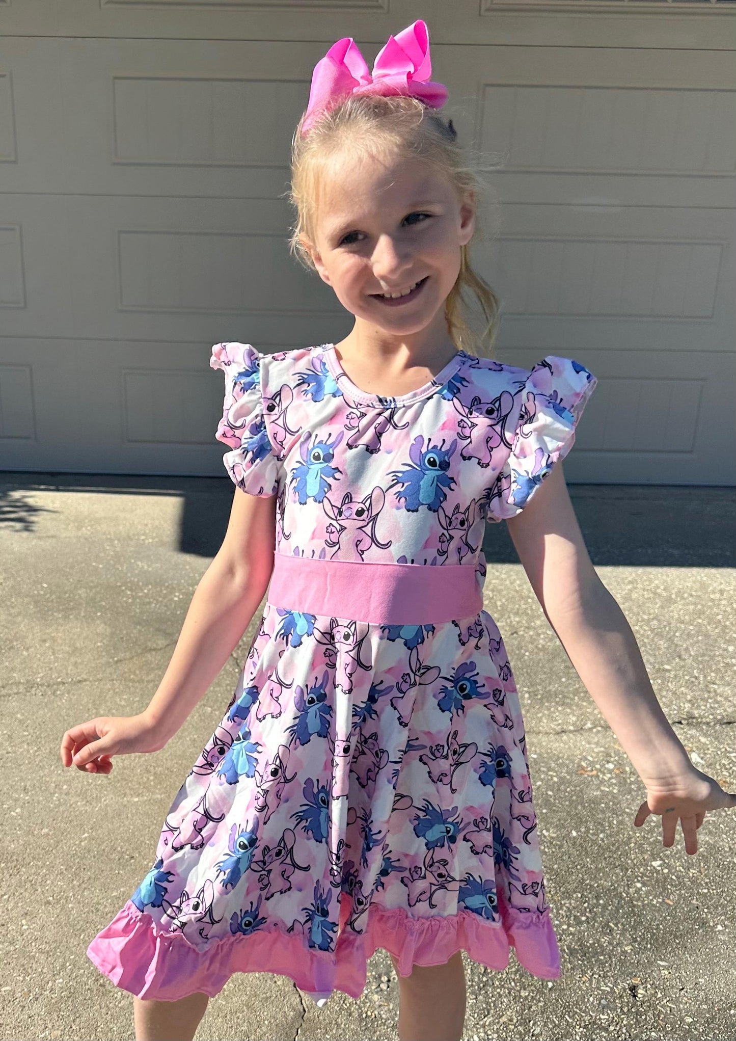 Blue Alien and Girlfriend Pink Bow Back Twirl Dress with shorts