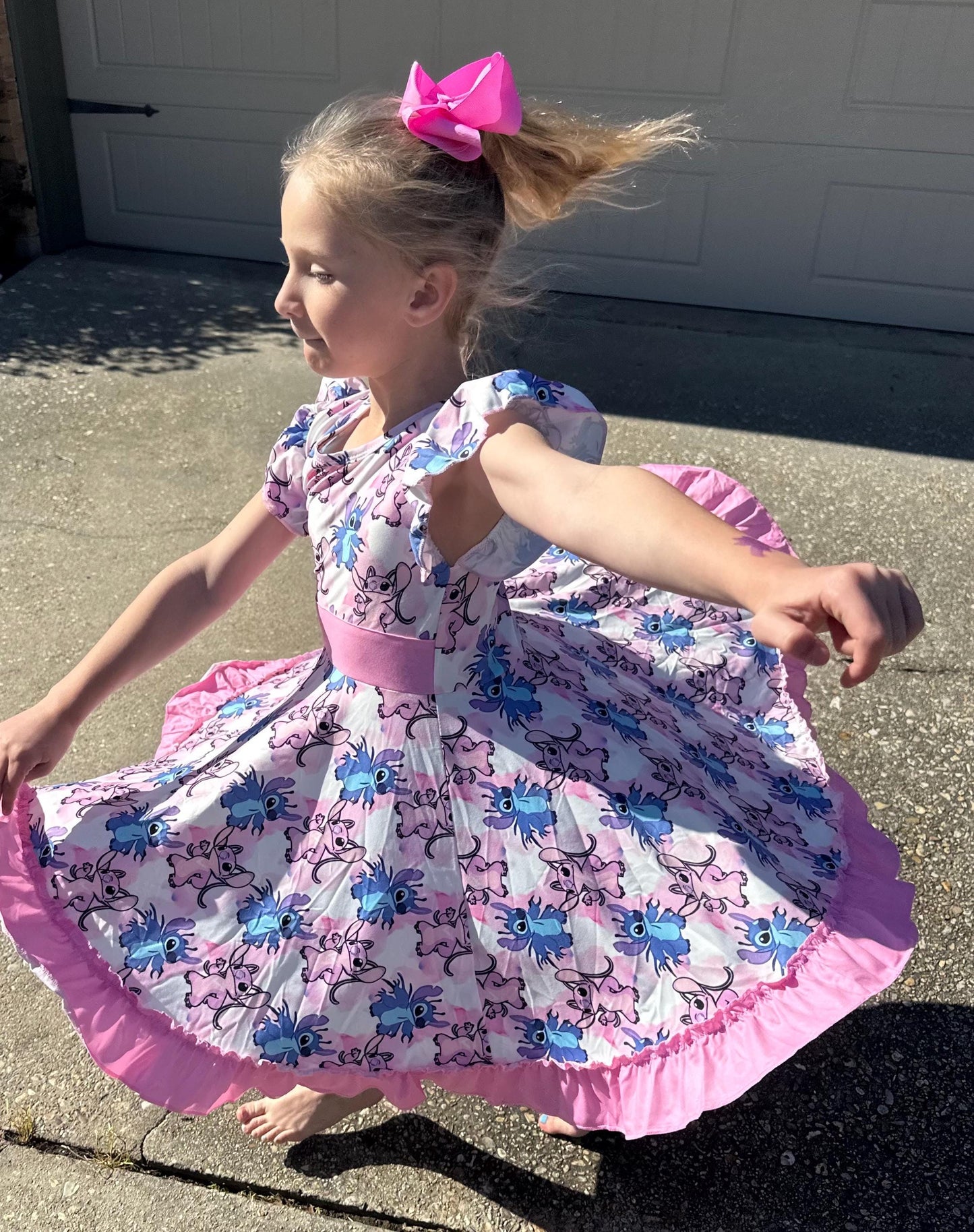 Blue Alien and Girlfriend Pink Bow Back Twirl Dress with shorts