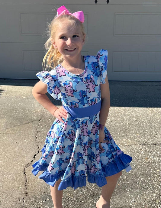 Blue Alien and Girlfriend Blue Bow Back Twirl Dress with shorts