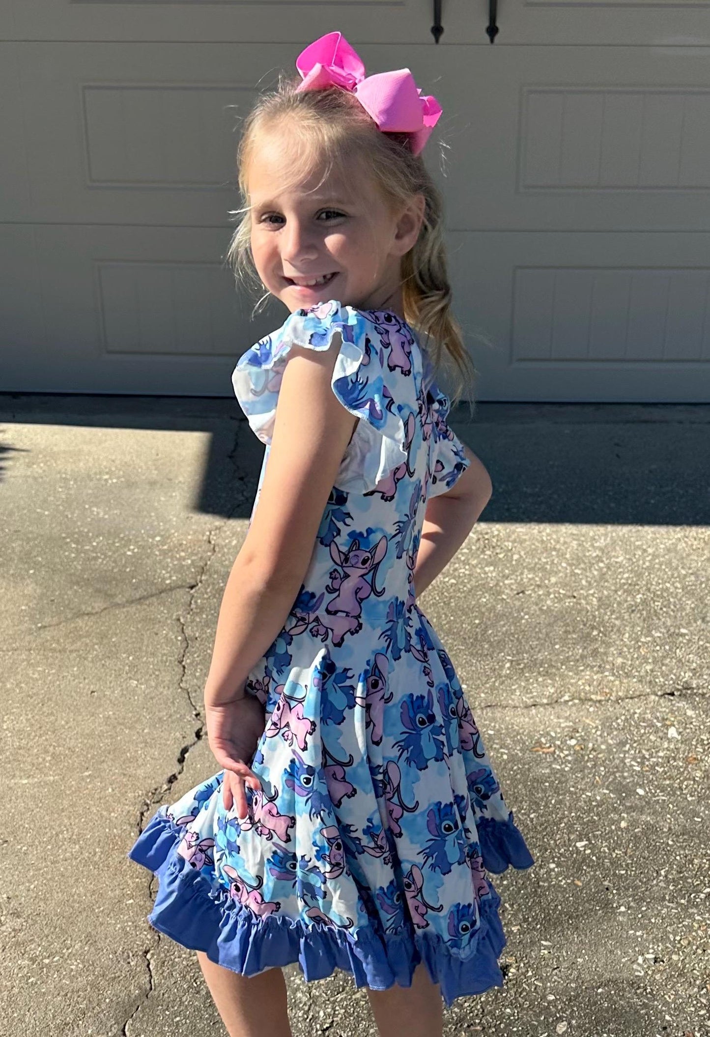 Blue Alien and Girlfriend Blue Bow Back Twirl Dress with shorts