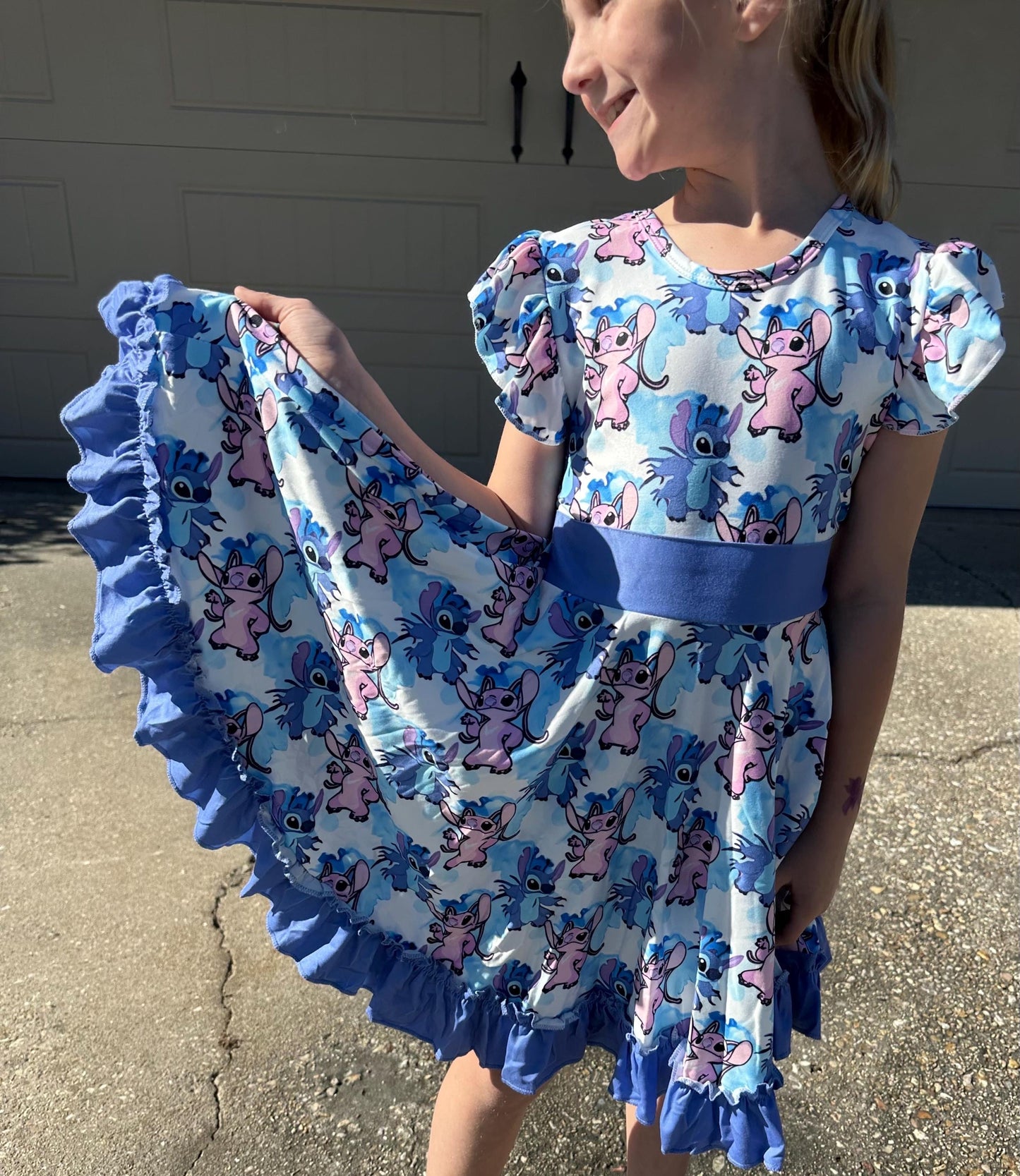 Blue Alien and Girlfriend Blue Bow Back Twirl Dress with shorts