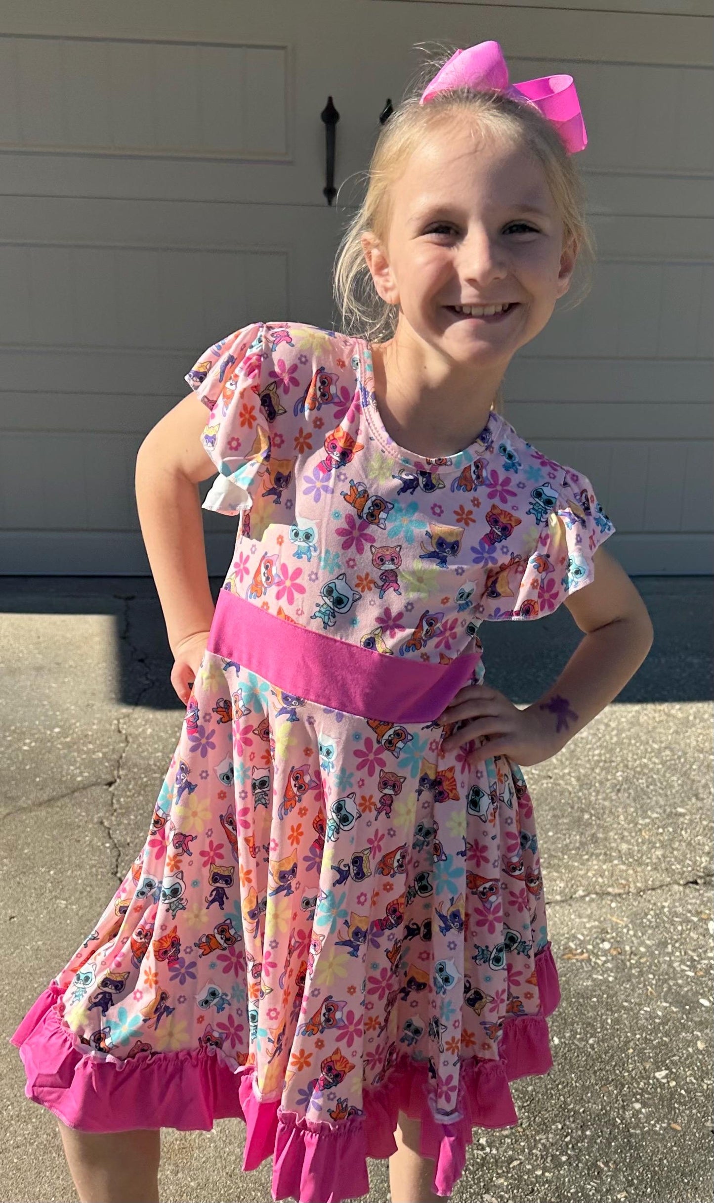 Super Hero Cats and Daisies Bow Back Twirl Dress with shorts