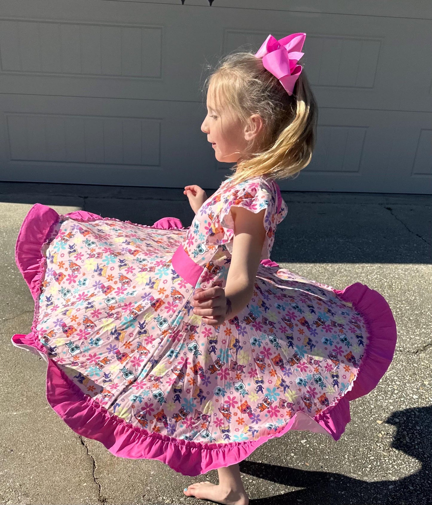Super Hero Cats and Daisies Bow Back Twirl Dress with shorts