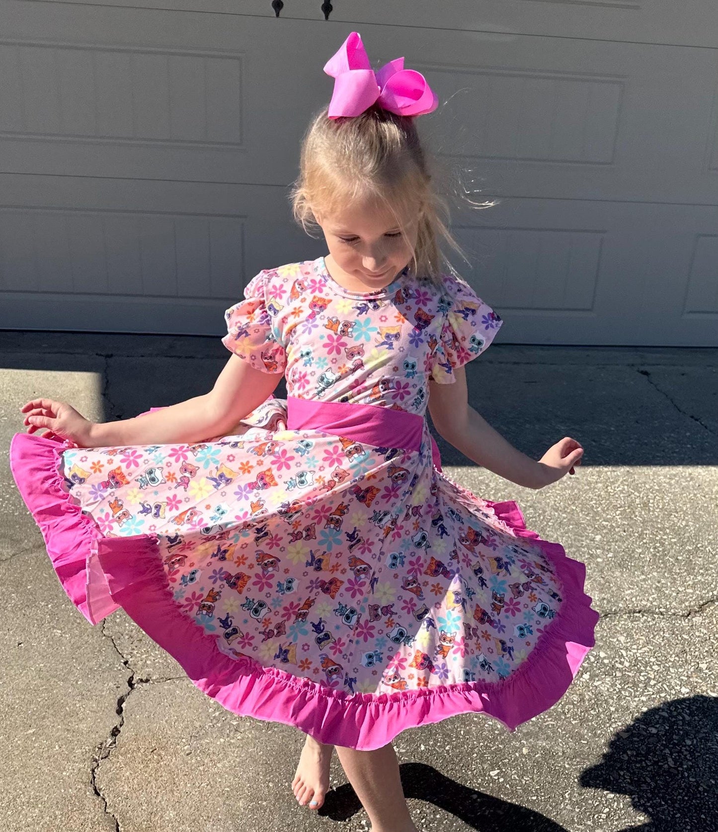 Super Hero Cats and Daisies Bow Back Twirl Dress with shorts