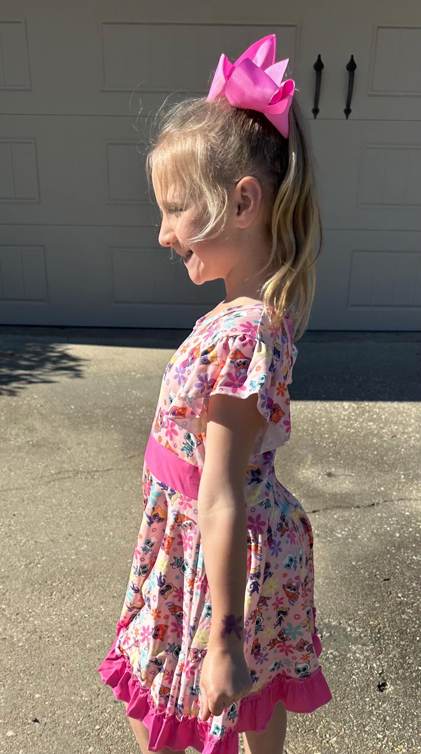 Super Hero Cats and Daisies Bow Back Twirl Dress with shorts