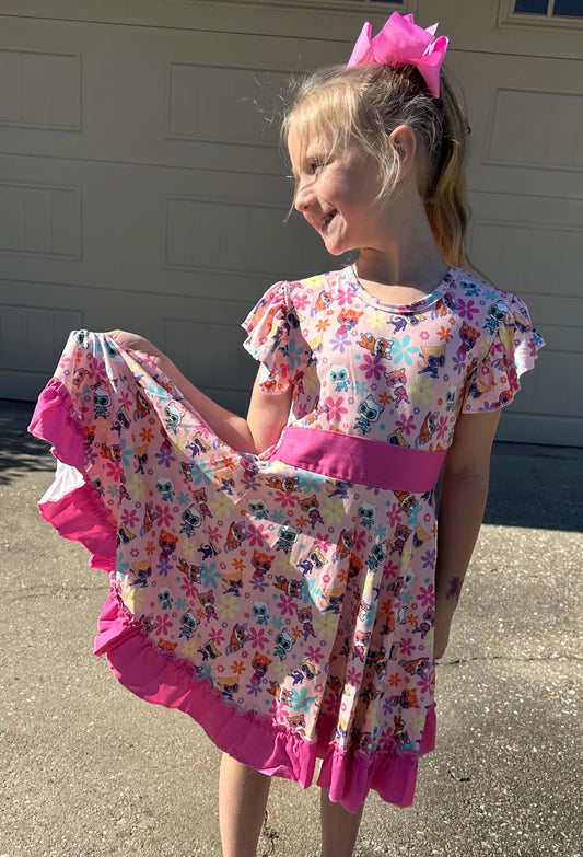 Super Hero Cats and Daisies Bow Back Twirl Dress with shorts