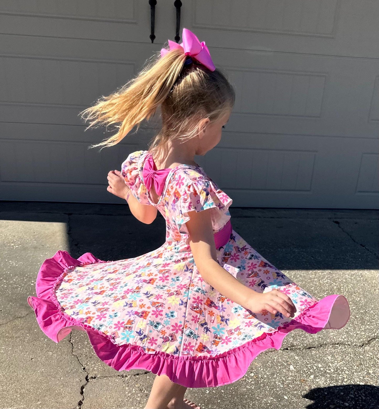 Super Hero Cats and Daisies Bow Back Twirl Dress with shorts