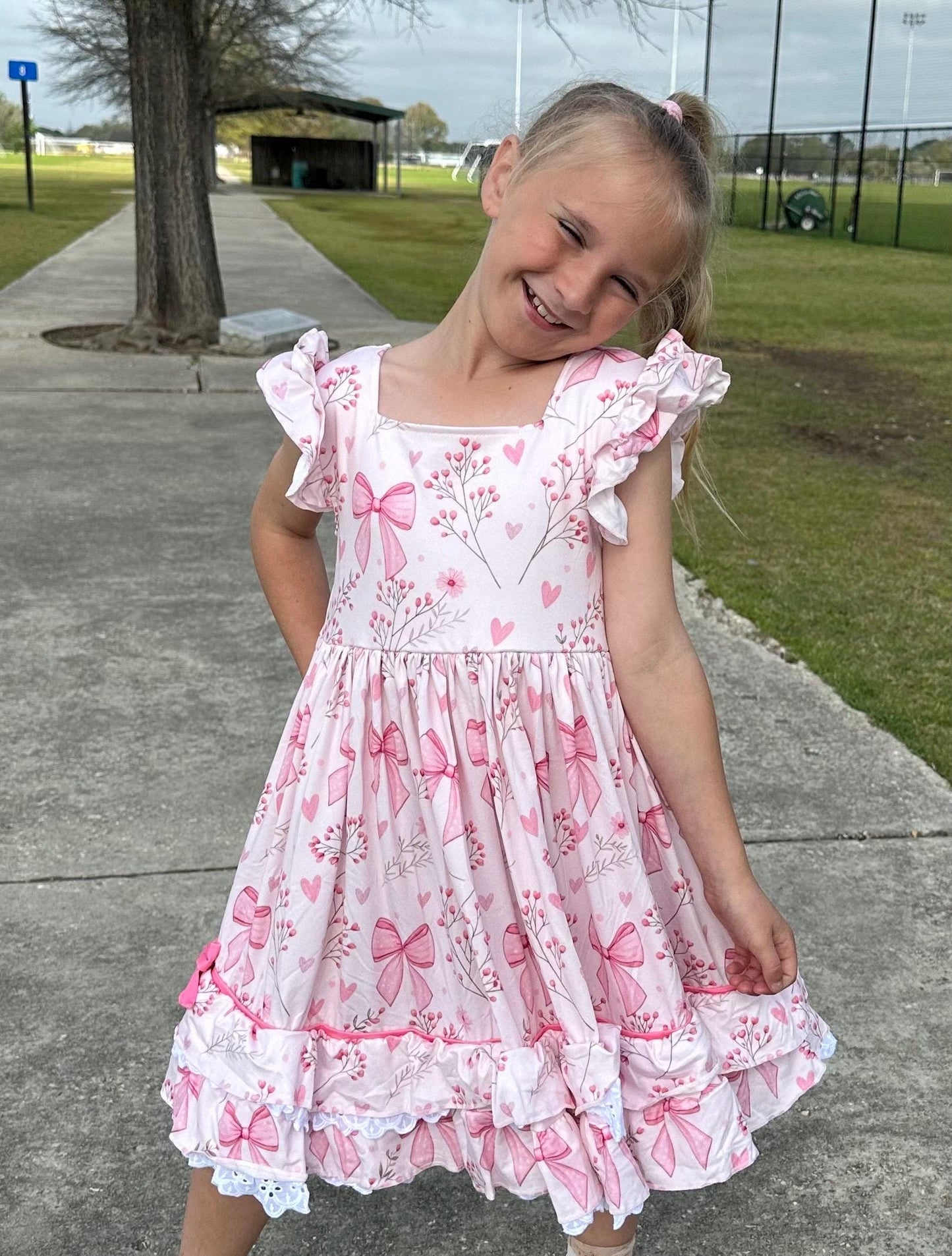 Pink Bows and Flowers Ruffle and Lace Dress