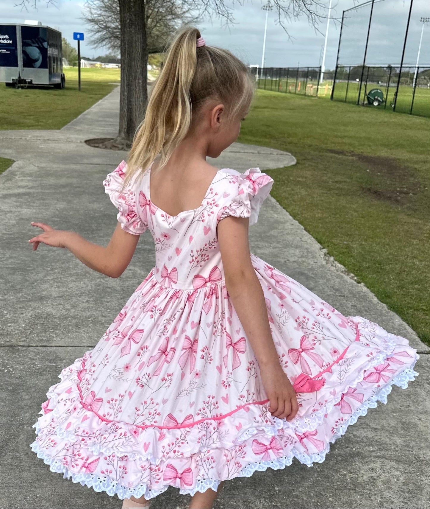 Pink Bows and Flowers Ruffle and Lace Dress