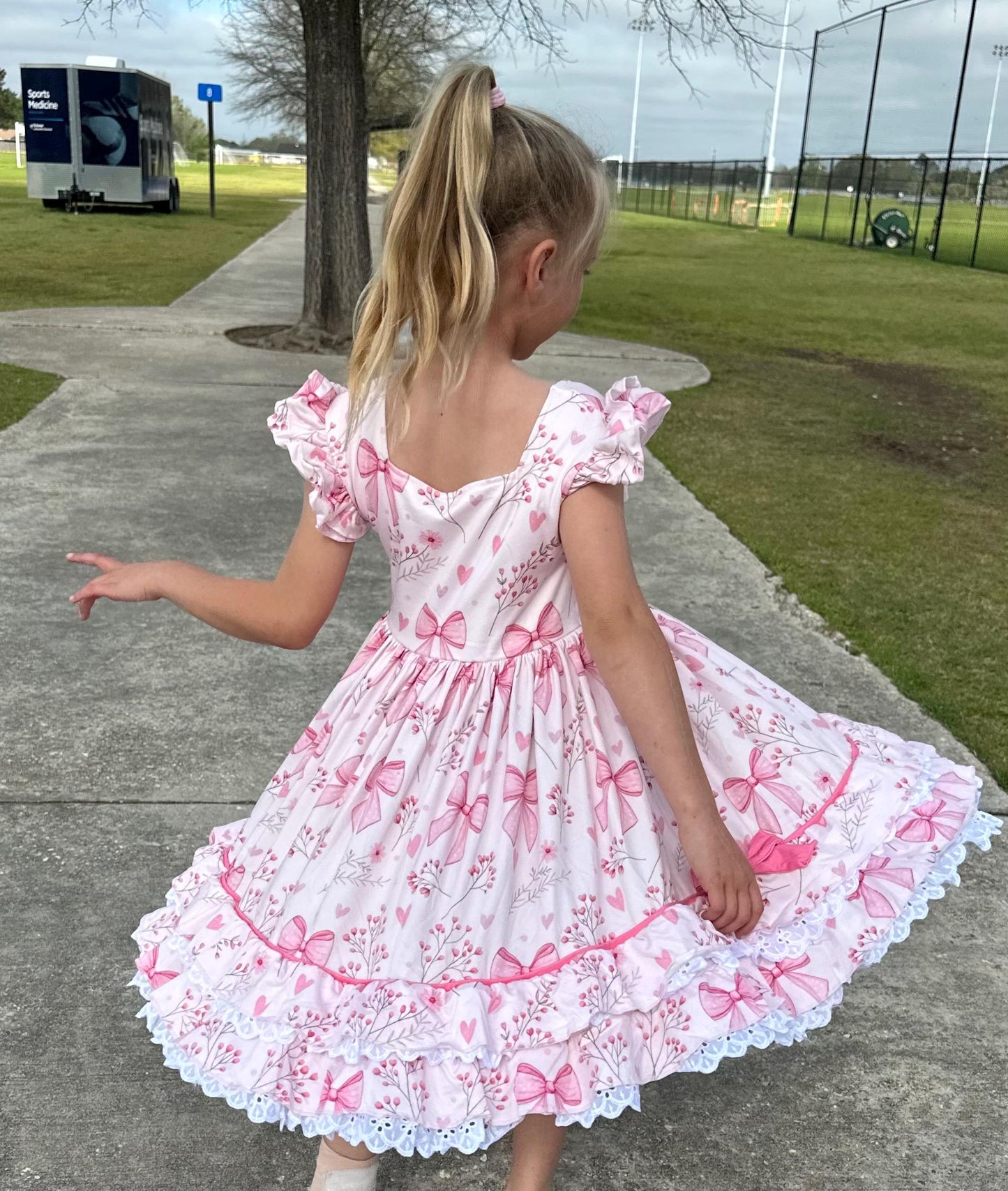 Pink Bows and Flowers Ruffle and Lace Dress
