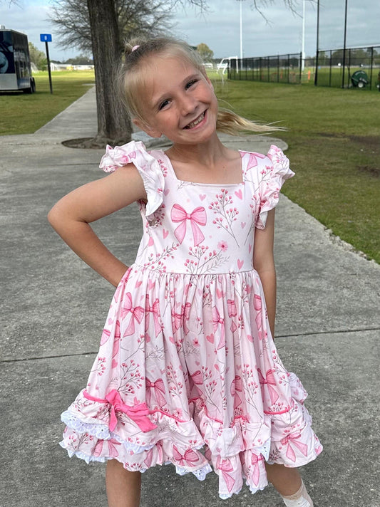 Pink Bows and Flowers Ruffle and Lace Dress
