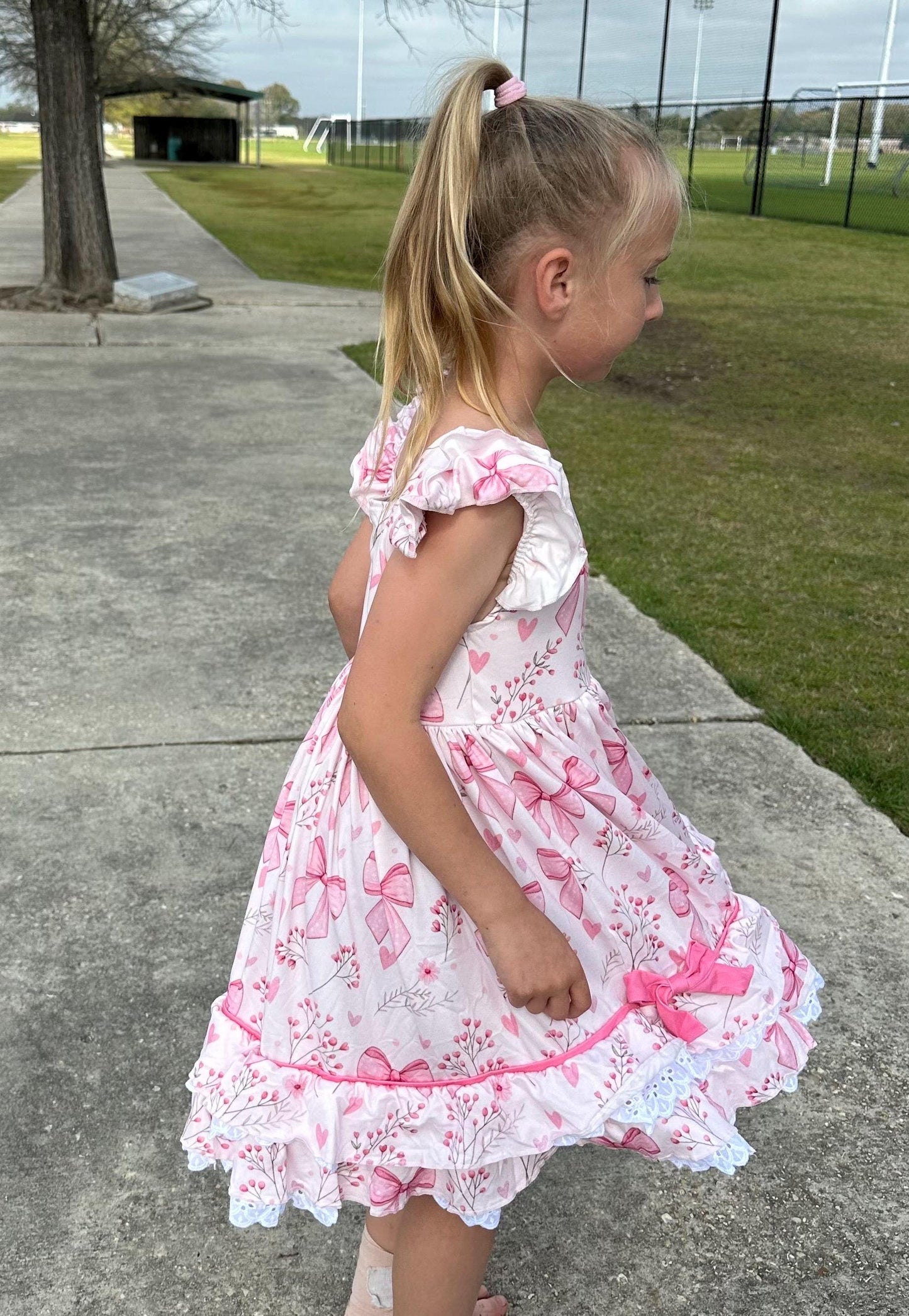 Pink Bows and Flowers Ruffle and Lace Dress