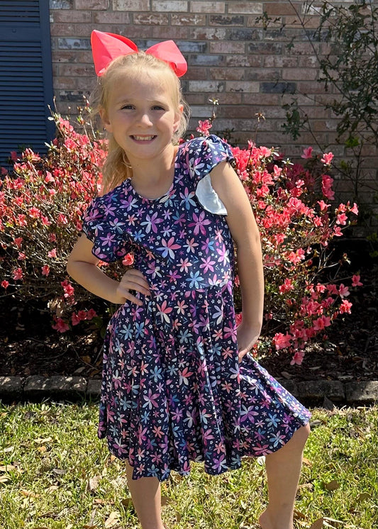 Purple/Blue Daisy Crossback Twirl Dress