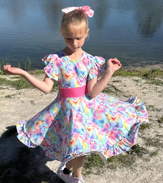 Pastel Butterfly Bow Back Twirl Dress