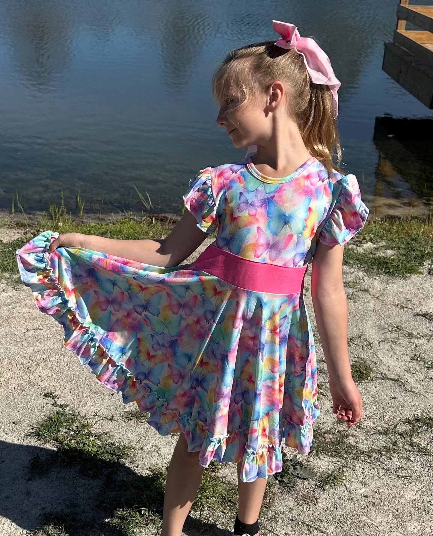 Pastel Butterfly Bow Back Twirl Dress