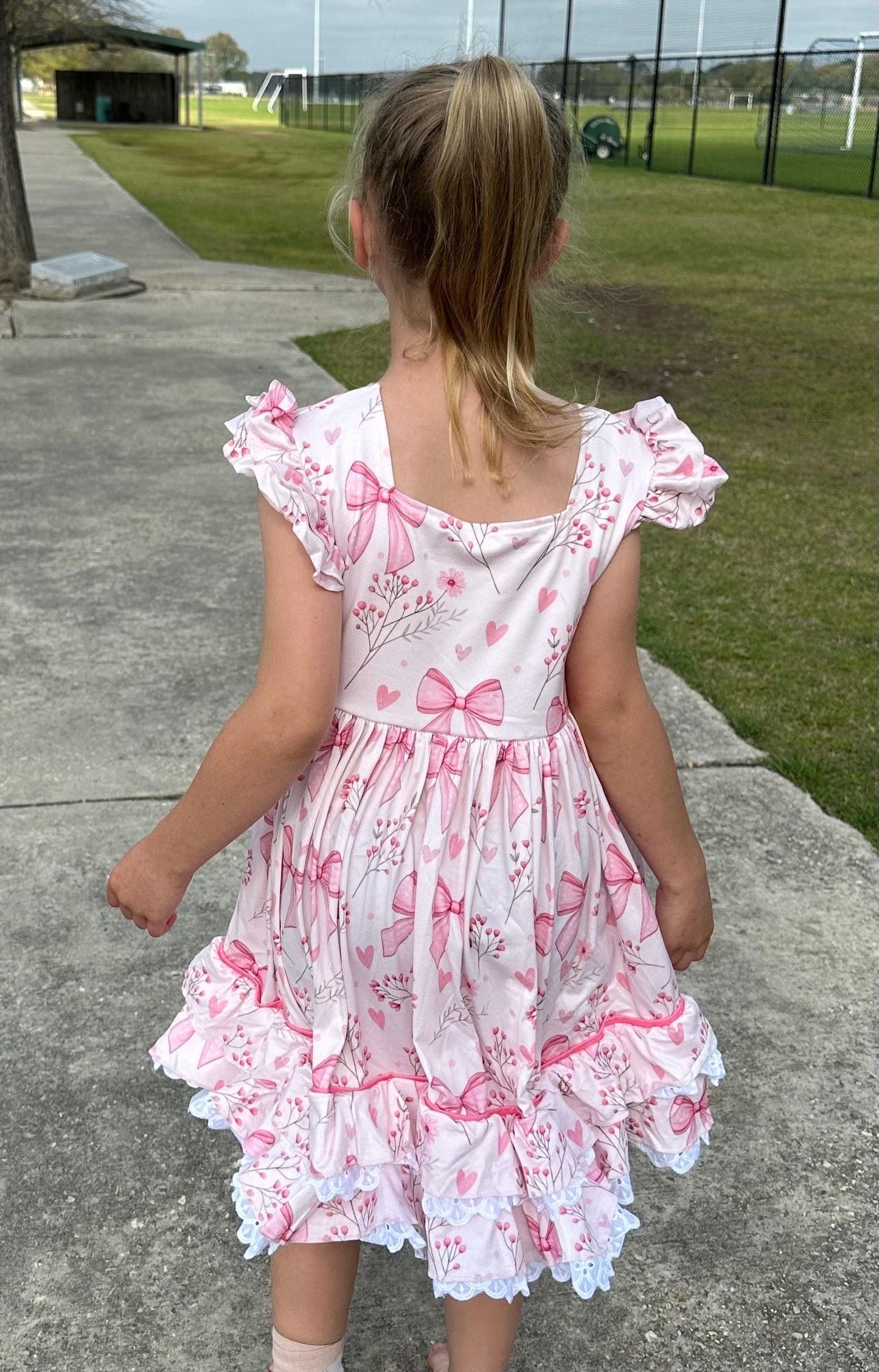 Pink Bows and Flowers Ruffle and Lace Dress