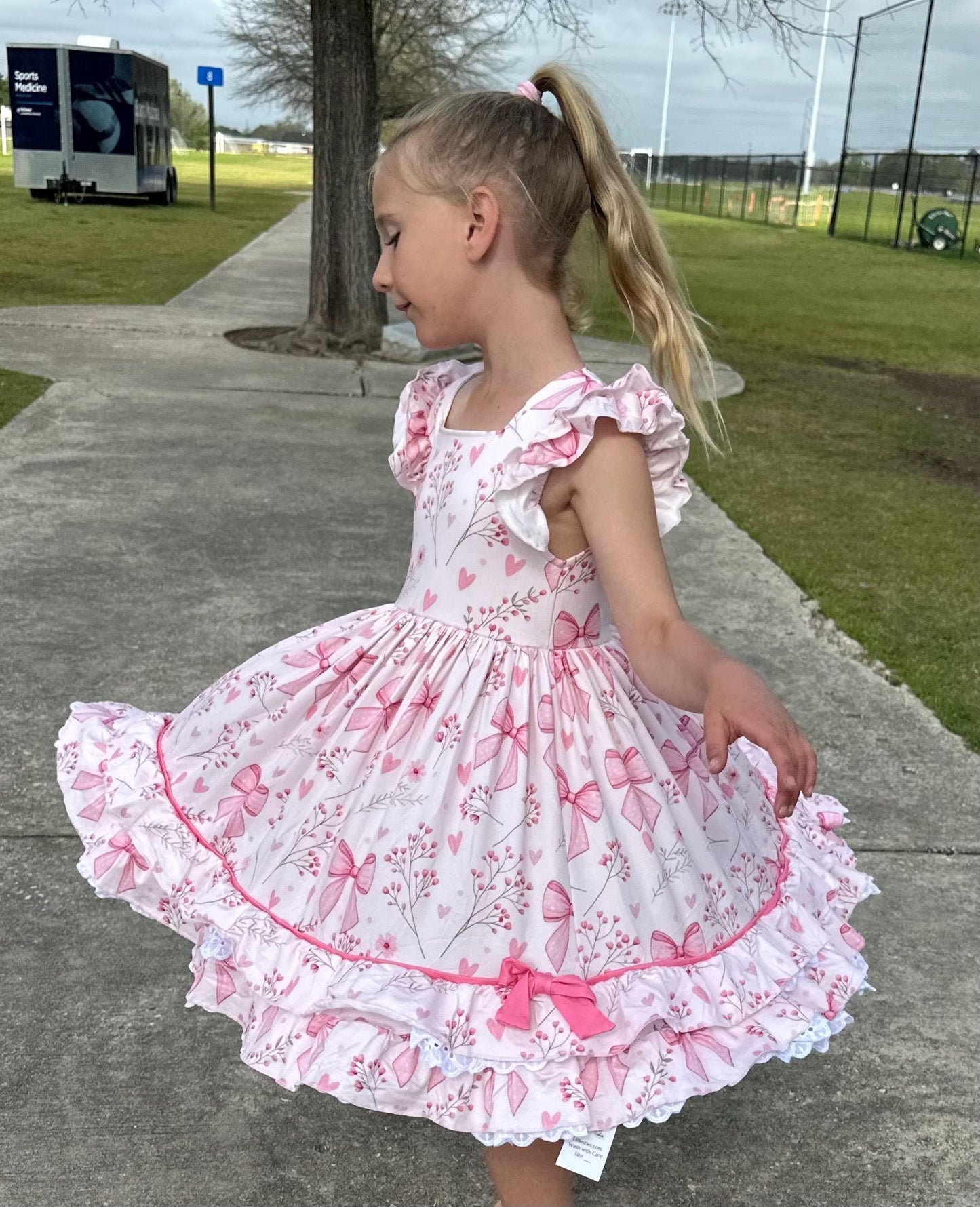 Pink Bows and Flowers Ruffle and Lace Dress