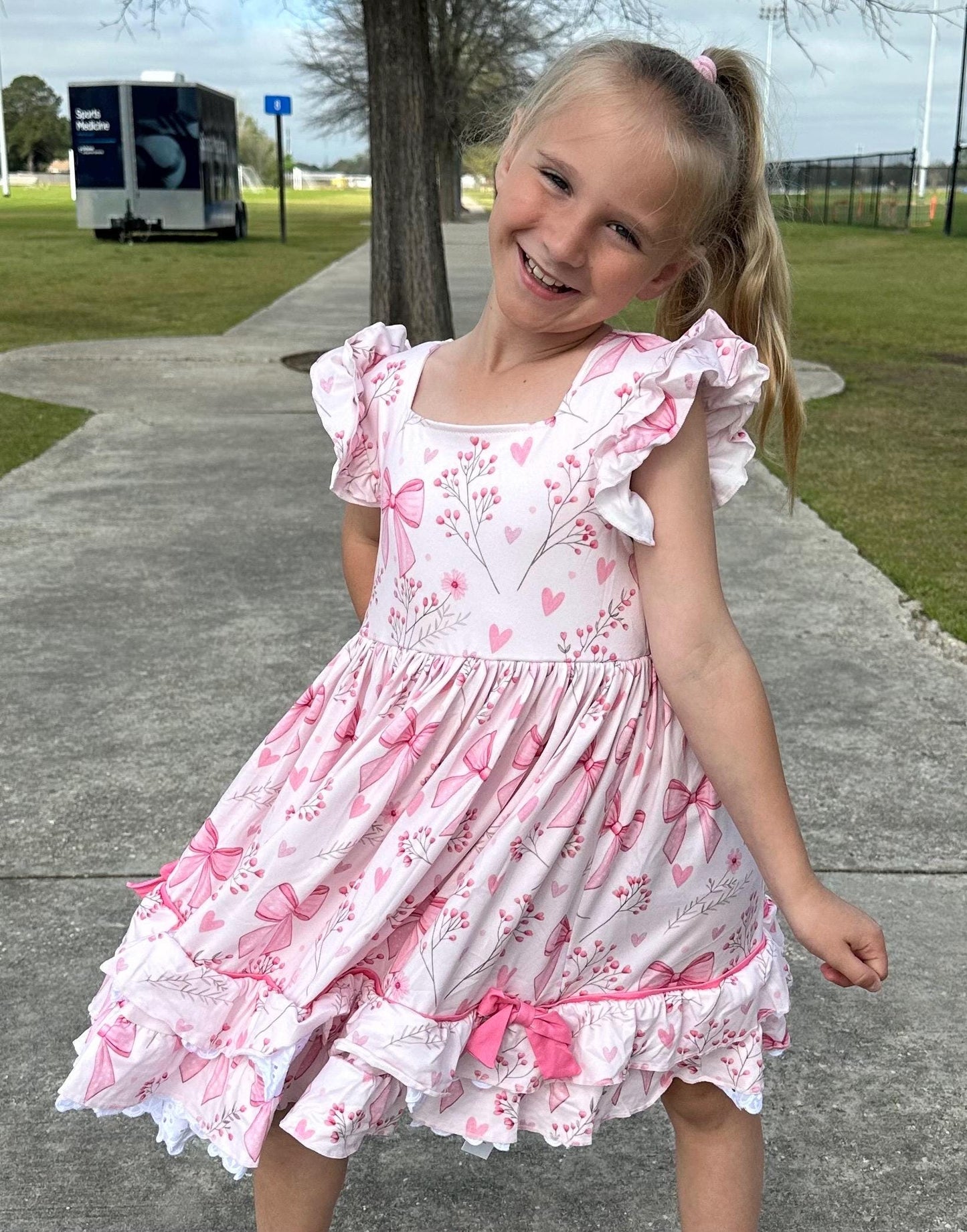 Pink Bows and Flowers Ruffle and Lace Dress