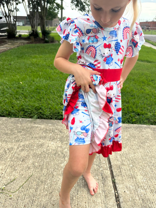 Kawaii Cat Red white and Blue Twirl Dress with shorts