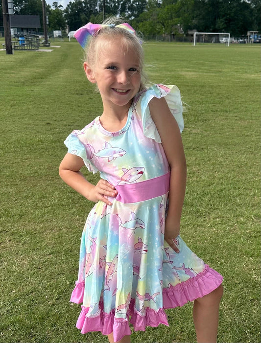 Pastel Sharks Bow Back Twirl Dress
