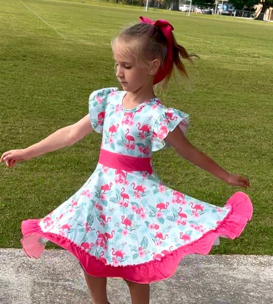 Flamingo Bow Back Twirl Dress