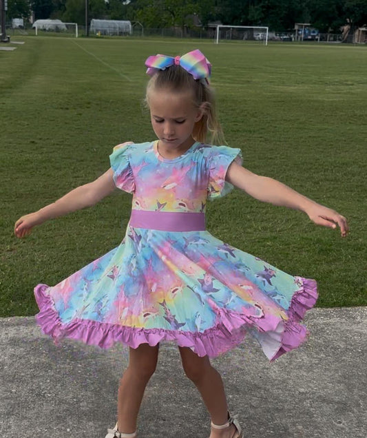 Rainbow Sharks Bow Back Twirl Dress