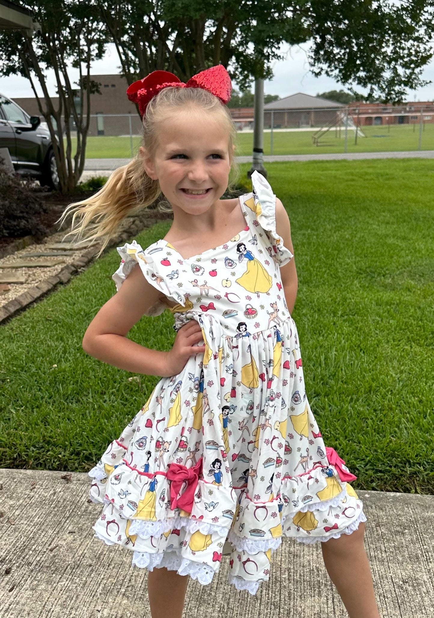 Apple Eating Princess Ruffle and Lace Twirl Dress
