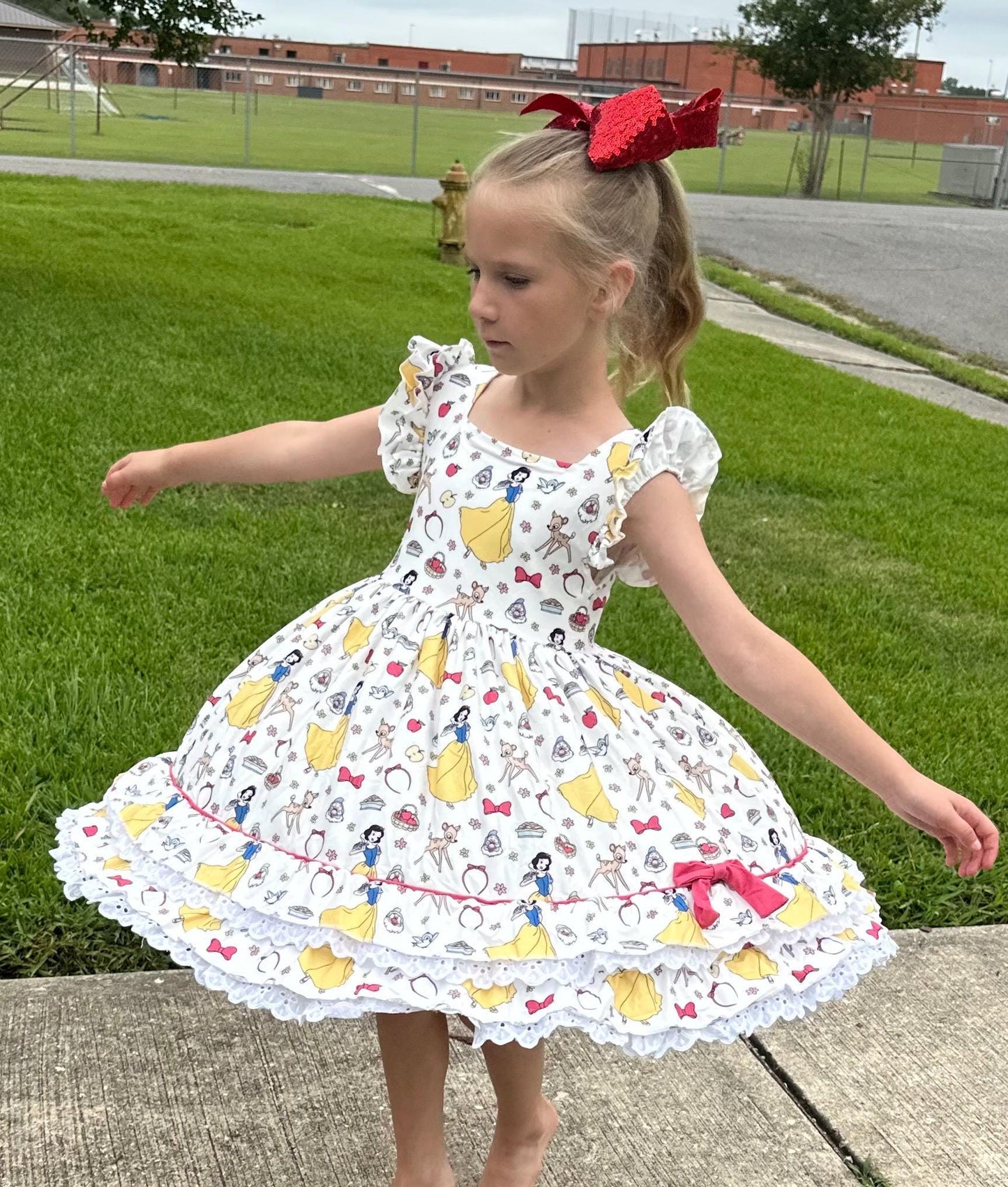 Apple Eating Princess Ruffle and Lace Twirl Dress