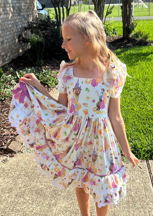 Long Haired Princess Lace and Ruffle Twirl Dress