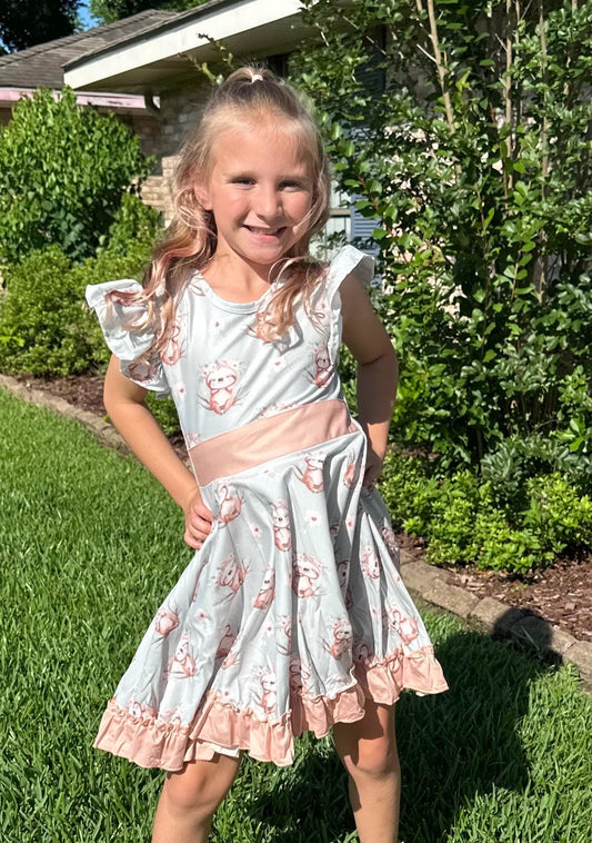 Floral Sloth Bow Back Twirl Dress