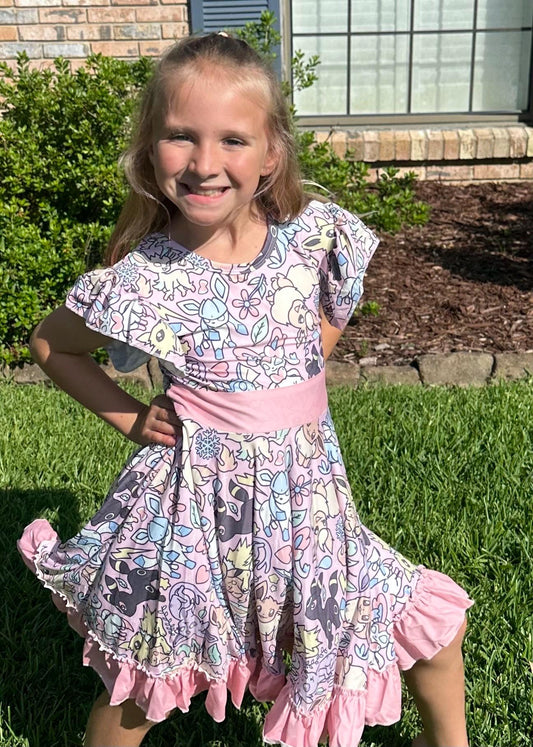 Pink Pocket Characters Bow Back Twirl Dress