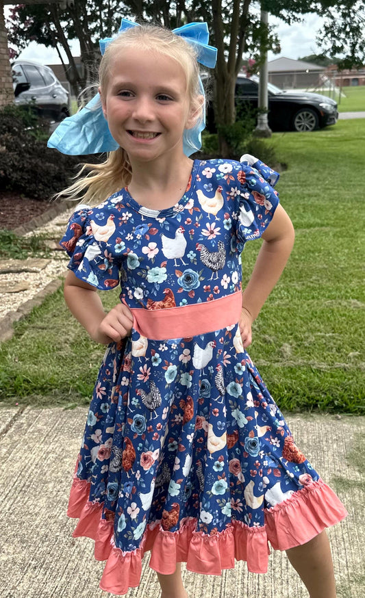 Blue Floral Chickens Bow Back Twirl Dress