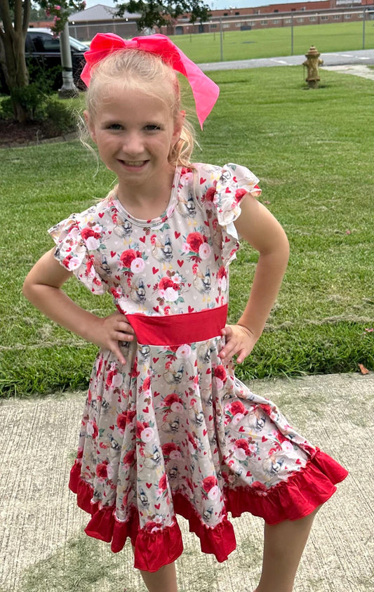 Floral Rooster Bow Back Twirl Dress