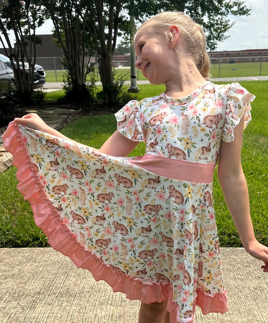 Floral Bunny Bow Back Twirl Dress