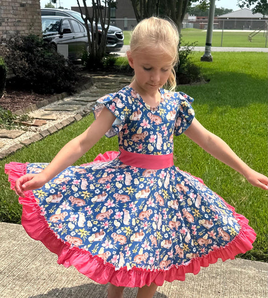 Floral Bunny Bow Back Twirl Dress