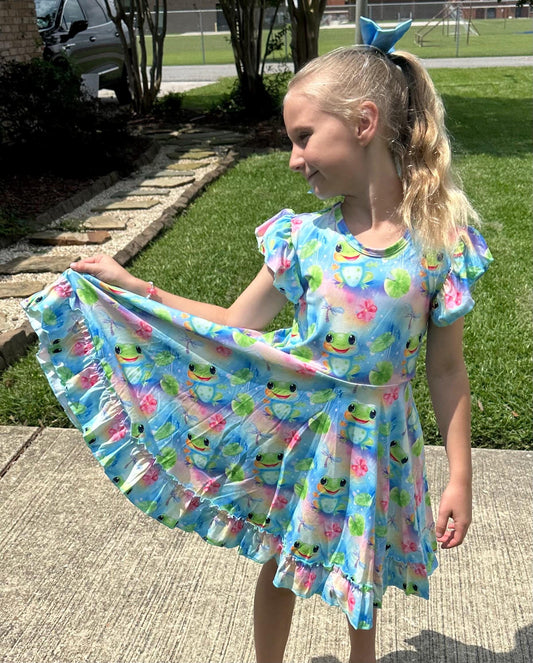 Frog Bow Back Twirl Dress with shorts