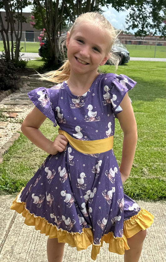 Ducks in Boots Bow Back Twirl Dress