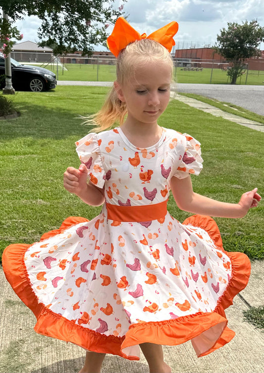 Laying Hens Bow Back Twirl Dress