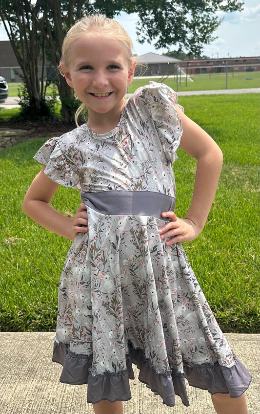 Bunnies and Flowers Bow Back Twirl Dress