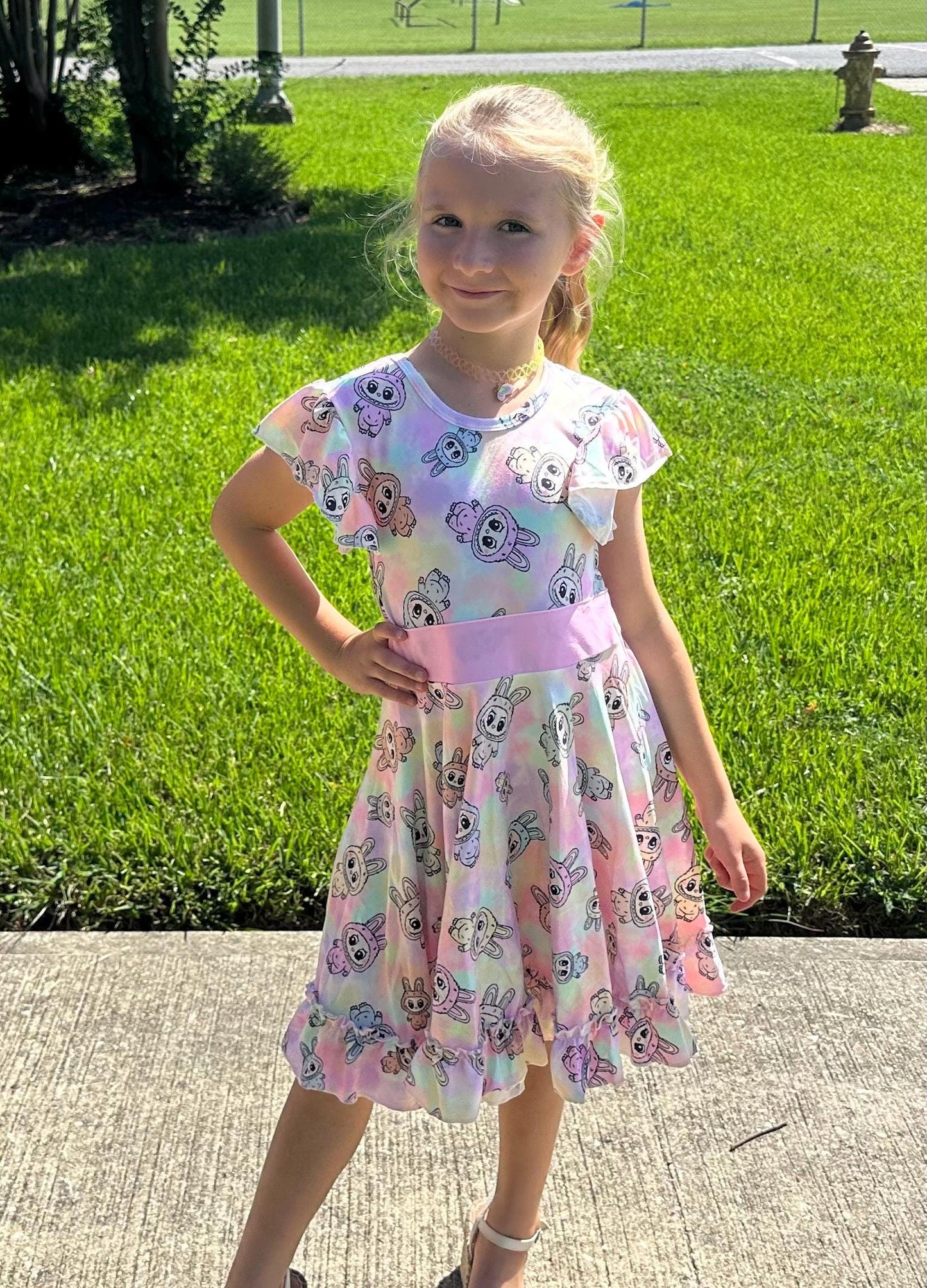 Pastel Labubu Bow Back Twirl Dress