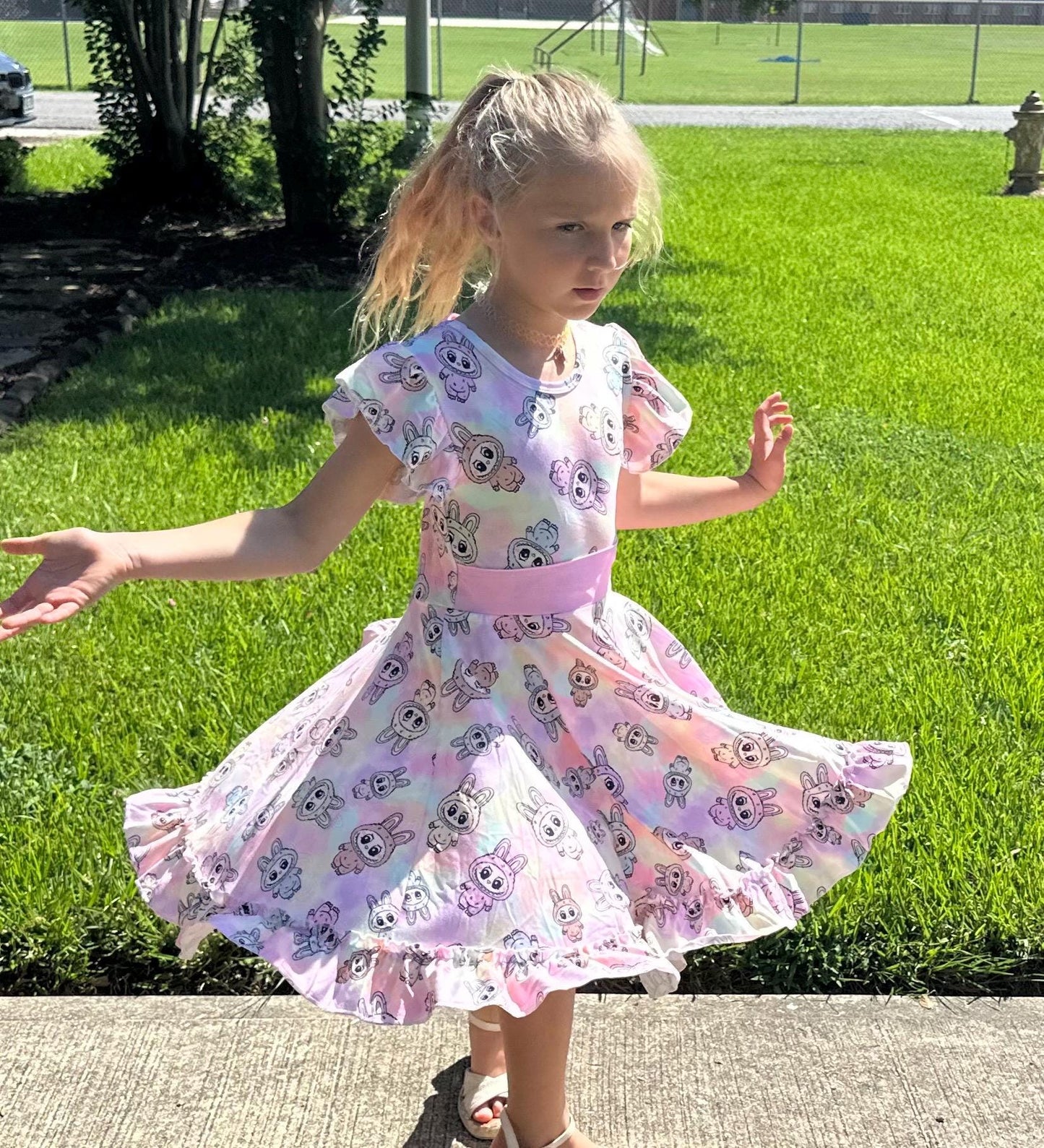 Pastel Labubu Bow Back Twirl Dress